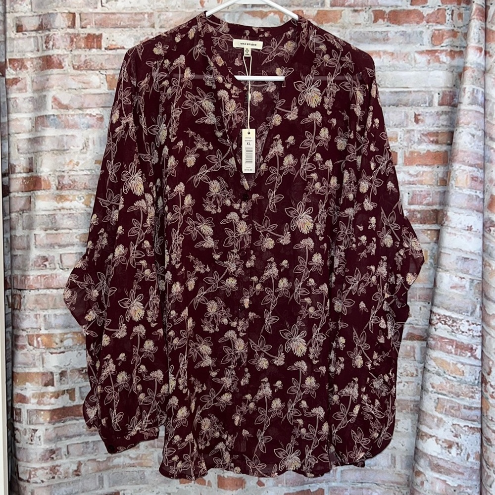 MAX STUDIO SHEER RUFFLE LONG SLEEVE BLOUSE BURGUNDY